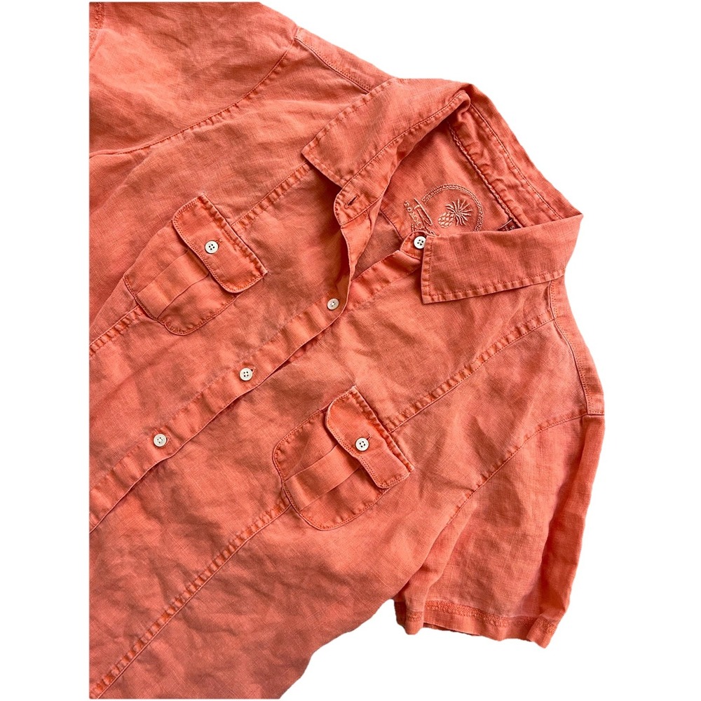Tommy‎ Bahama Women's 100% Linen Blouse Size Small Orange Short Sleeve Hawaiian